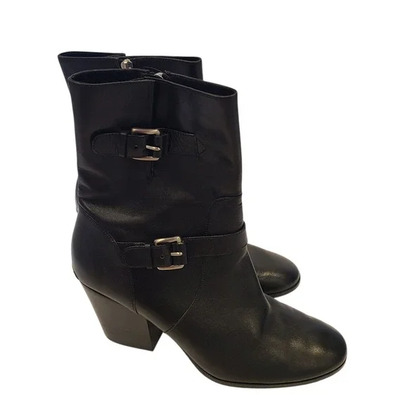 Michael Kors Black Leather 2 Buckle Mid Calf Boots Size 11 Block‎ Heel Moto - Picture 2 of 9